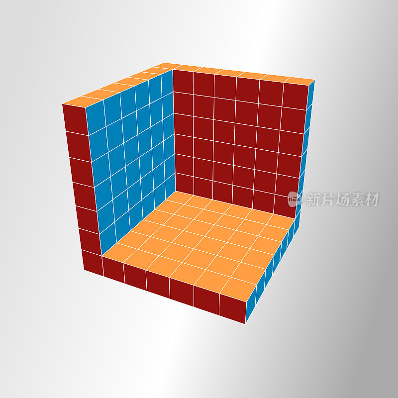 7x7x7 = 127实心立方体形成墙体形状的角落的3D渲染。与视角。
